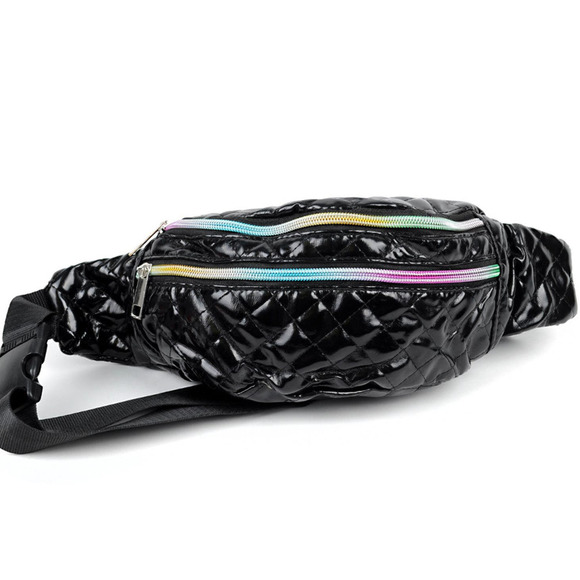 Quilted Black Fanny Pack Belt Bag Sling Bag  with Iridescent Zippers - Picture 1 of 5